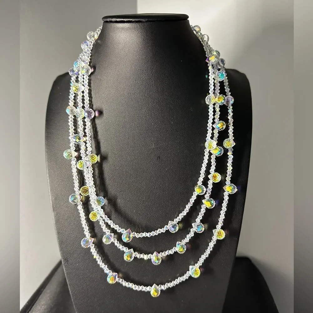 Three strands faceted glass, Aurora Borealis beaded necklace with s925 hardware!